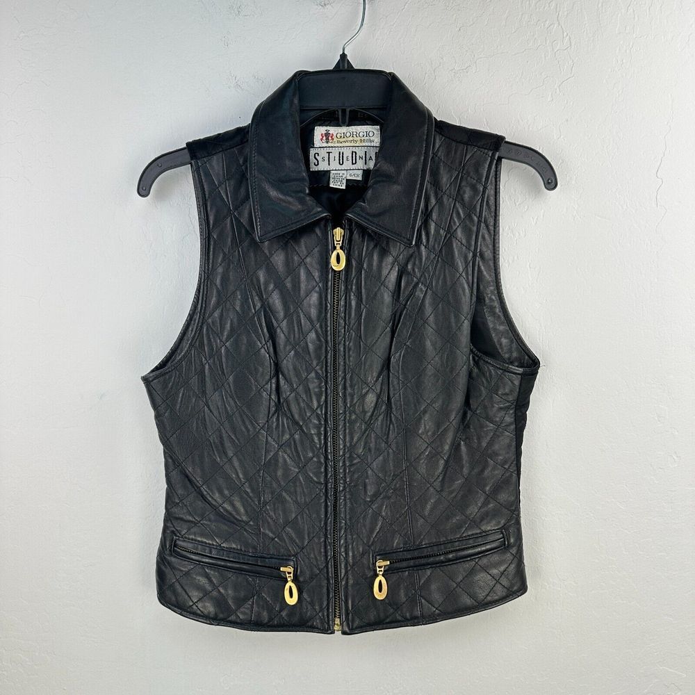 Vtg Giorgio Beverly‎ Hills Leather Vest Womens S Black Quilted Full Zip Goldtone